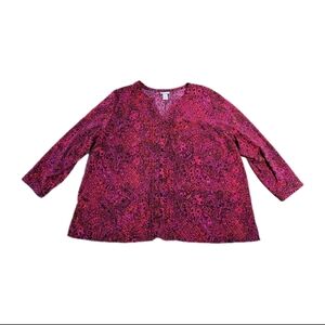Catherines Blouse Button Front V-Neck 3/4 Sleeve 3X 26/28W Red Paisley Office